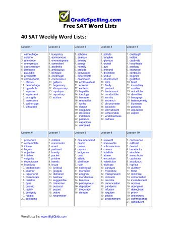 40 SAT Weekly Word Lists: - Printable SAT Vocabulary Word Lists