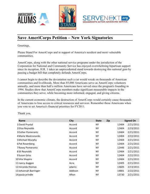 Save AmeriCorps Petition NY