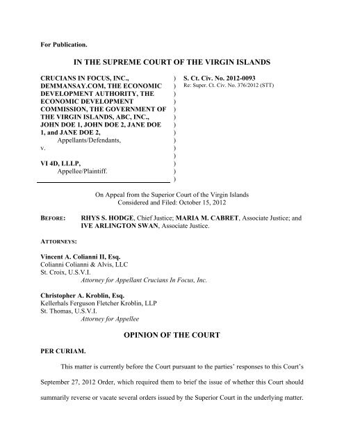 IN THE SUPREME COURT OF THE VIRGIN ISLANDS OPINION OF ...