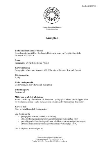 Kursplan - Pedagogiskt arbete som forskningsfÃƒÂ¤lt - Karlstads ...