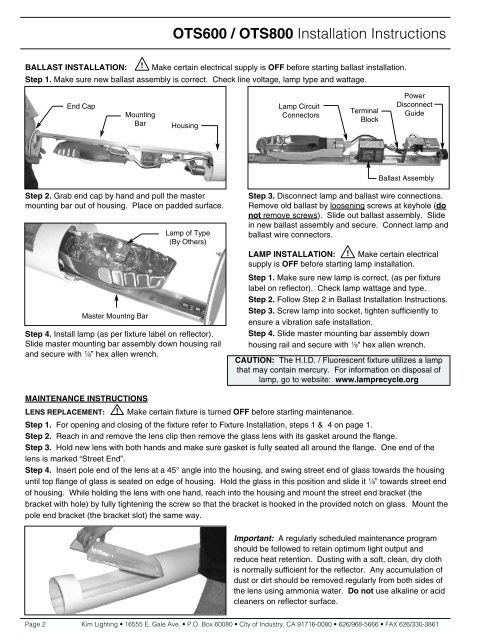 Outdoor Tube System - OTS Installation Instructions - Kim Lighting