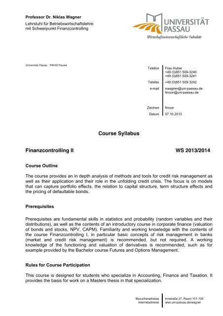 Course Syllabus Finanzcontrolling II WS 2013/2014 - Universität ...