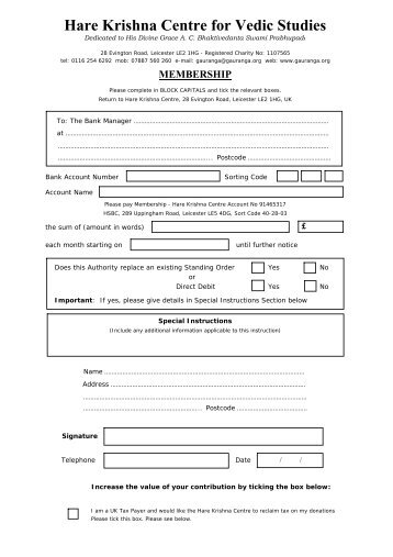 Membership Standing Order Form - Hare Krishna Centre - Leicester