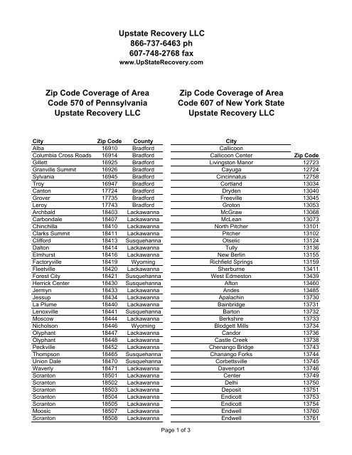 Zip Code Coverage of Area Code 607 of New York State Upstate ...