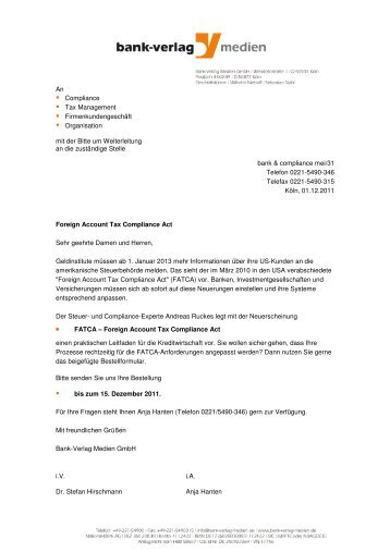 Foreign Account Tax Compliance Act Sehr geehrte ... - Bank-Verlag.de