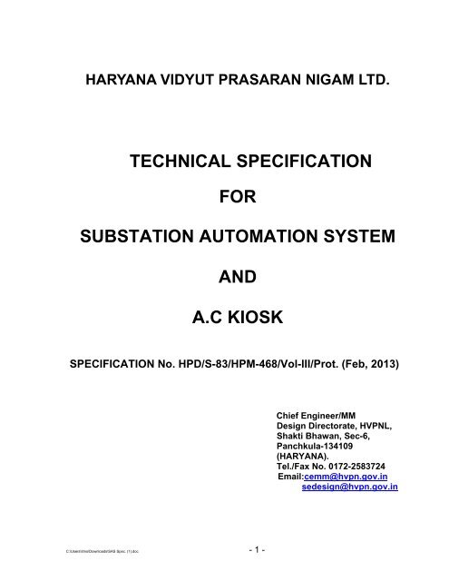 Substation Automation System And A.C. KIOSKS - Hvpn.gov.in