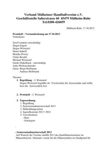 Protokoll der Vorstandssitzung am 17.10.2013 - Verband Mülheimer ...