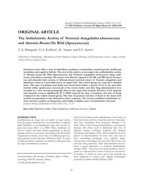 The Anthelmintic Activity of Vernonia amygdalina (Asteraceae) and ...