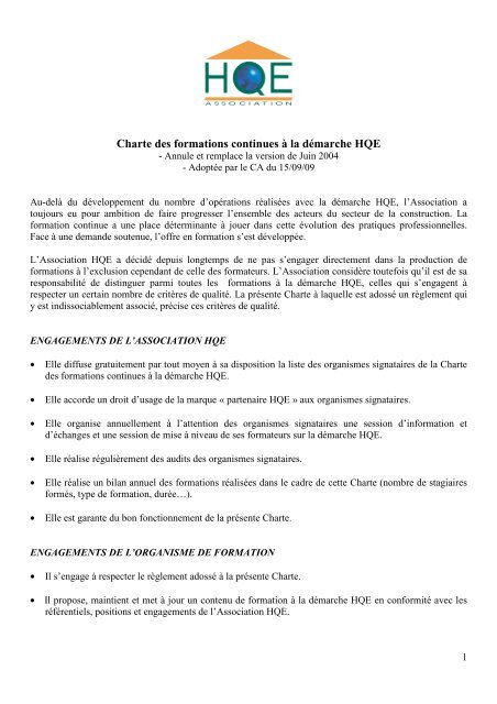 Charte des formations continues Ã  la dÃ©marche ... - Association HQE