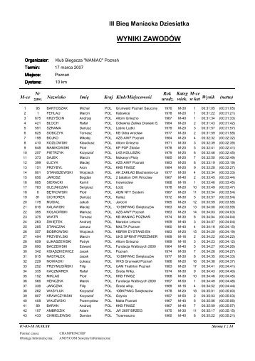 Pełne wyniki 2007 - Maniacka Dziesiątka - KB MANIAC Poznań