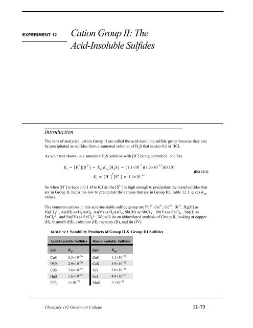 Lab #12 Group II The Acid-Insoluble Sulfides - Grossmont College