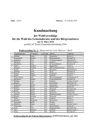 Kundmachung der Wahlvorschläge für die Wahl des Gemeinderates ...