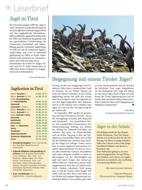 Zeitschrift des Tiroler JÃ¤gerverbandes Dezember 2009 â€¢ Jahrgang 61