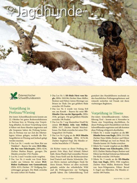 Zeitschrift des Tiroler JÃ¤gerverbandes Dezember 2009 â€¢ Jahrgang 61