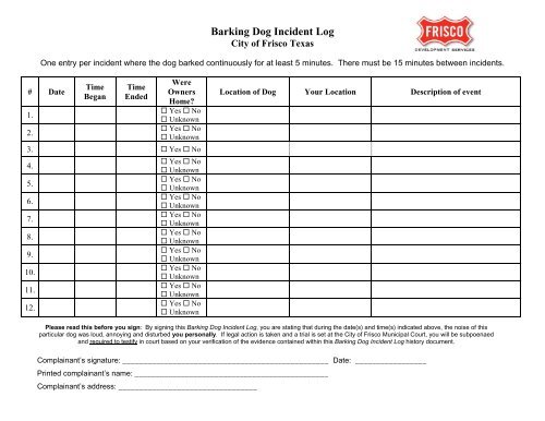 Barking Dog Incident Log - City of Frisco