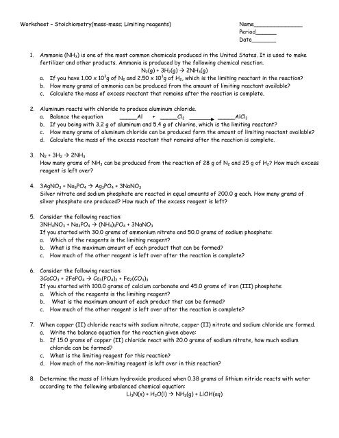 Worksheet – Stoichiometry(mass-mass; Limiting reagents ...