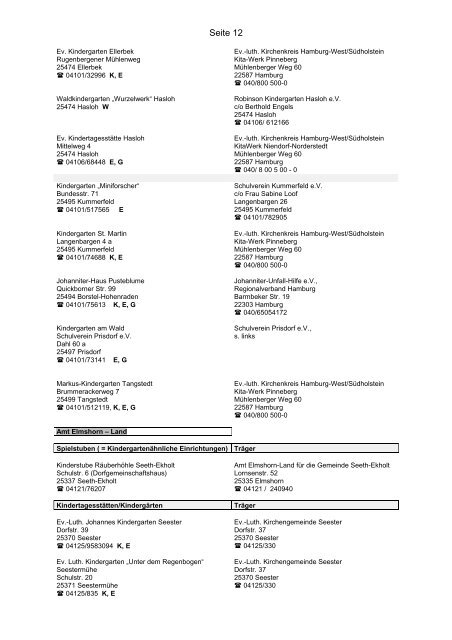 Liste der Kindertagesstätten, Kindergärten und ... - Kreis Pinneberg