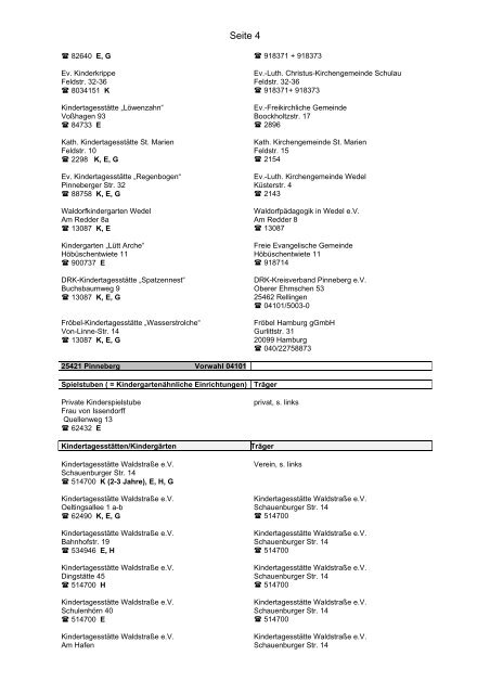 Liste der Kindertagesstätten, Kindergärten und ... - Kreis Pinneberg