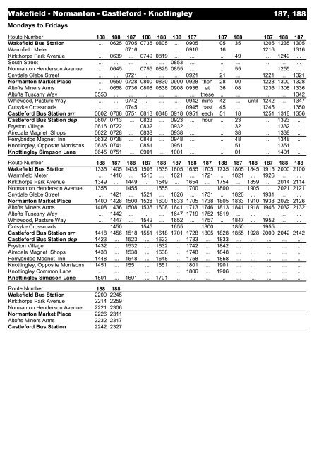 188 Bus Route Timetable Wakefield - Normanton - Castleford - Knottingley 187, 188 - Arriva