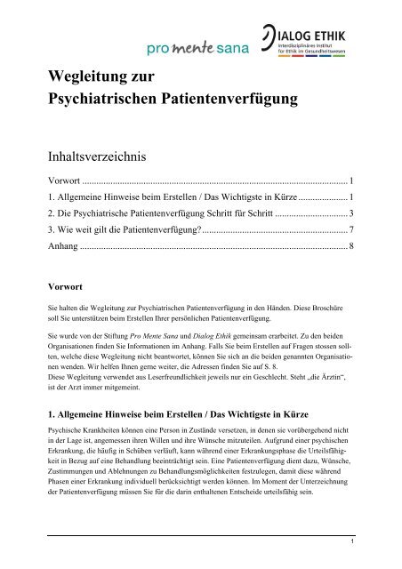 Wegleitung zur Psychiatrischen Patientenverfügung - Dialog Ethik