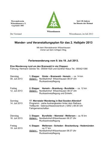 Witzenhausen - Wanderplan 2. HJ 2013 - Werratalverein 1883 eV