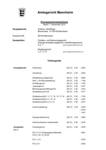 Telefonverzeichnis - Amtsgericht Mannheim