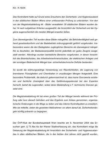 Bericht des Wiener Kontrollamtes - Kontrollamt der Stadt Wien