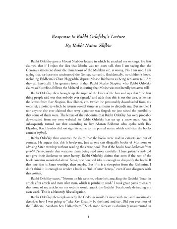 Response to Rabbi Orlofsky's Lecture By Rabbi Natan ... - Zoo Torah