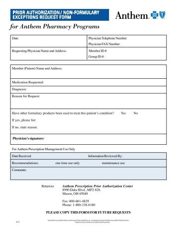 Anthem Prior Authorization/Non-Formulary Exceptions Request Forms