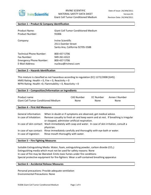 MSDS - Irvine Scientific