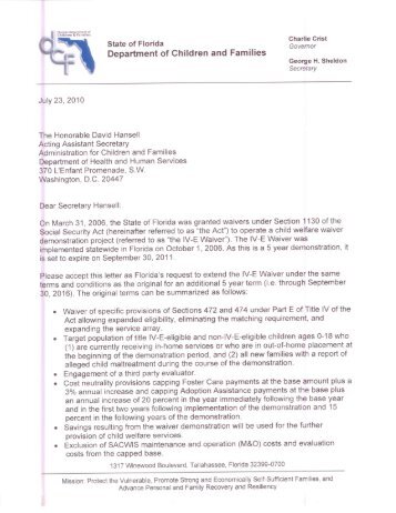 Letter Requesting Extension of IV-E Waiver from Secretary Sheldon ...