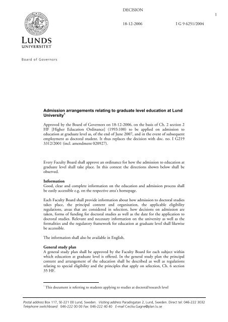 Admission arrangements relating to graduate level education at ...