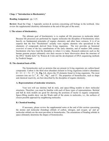 Chap. 1 "Introduction to Biochemistry" Reading Assignment: pp. 3 ...