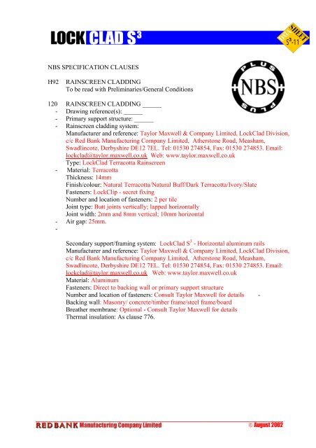 Lockclad COMPONENT SPECIFICATION