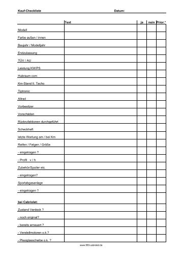 Checkliste Für Kfz Kauf Kauf Checkliste Datum Text Ja Nein Prior Modell Farbe Außen