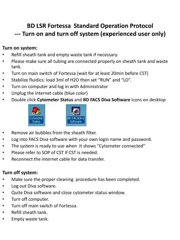 BD LSR Fortessa Standard Operation Protocol --- Turn on and turn ...