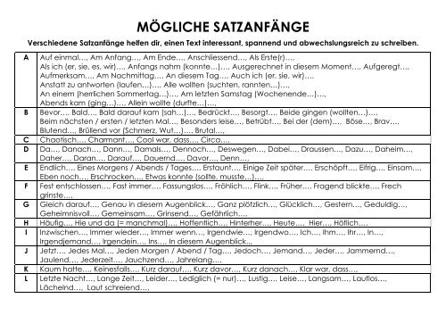 Satzanfange Fur Aufsatze Klasse Schaad