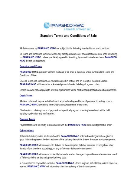 Standard Terms and Conditions of Sale - Panashco HVAC