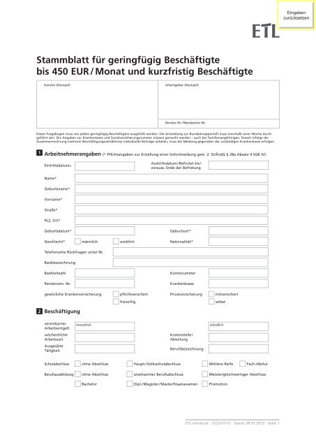 Stammblatt für geringfügig Beschäftigte bis 450 EUR / Monat und ...