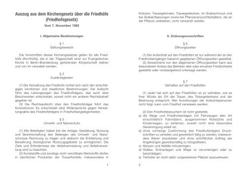 Auszug aus dem Kirchengesetz über die Friedhöfe (Friedhofsgesetz)