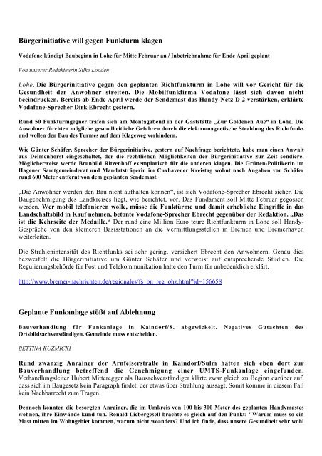 Bürgerinitiative will gegen Funkturm klagen Geplante ... - iddd.de