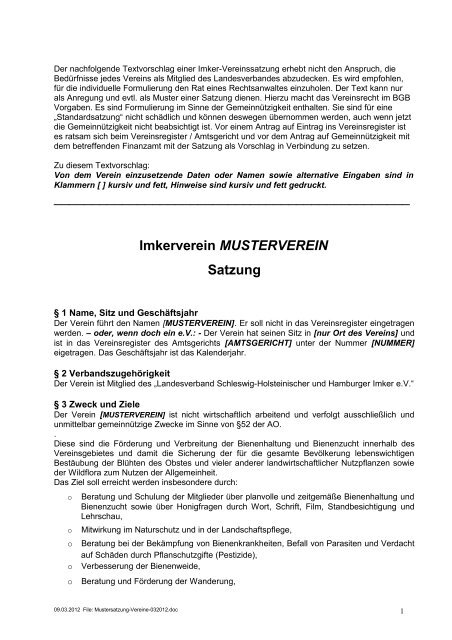 Imkerverein MUSTERVEREIN Satzung - Landesverband Schleswig ...