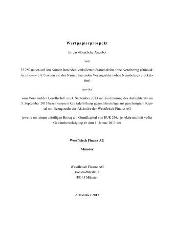 Wertpapierprospekt - Westfleisch e.G.