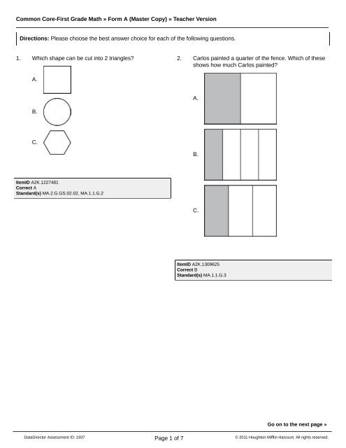 Common Core-First Grade Math » Form A (Master Copy) » Teacher ...