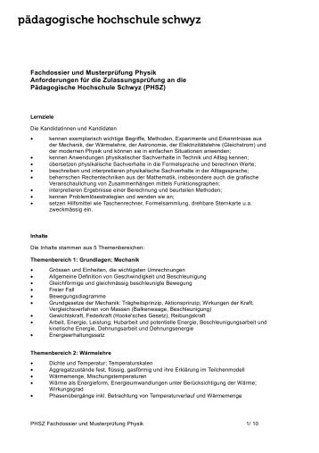 Fachdossier Physik (pdf) - Pädagogische Hochschule Schwyz