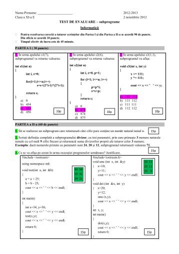 TEST DE EVALUARE – subprograme Informatică - Lucian NEAGU