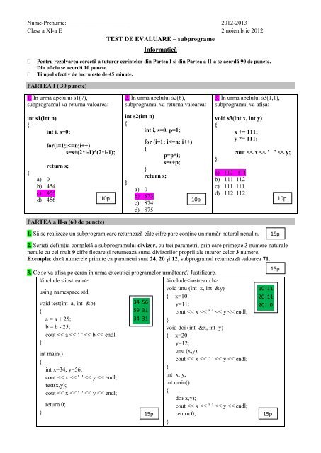 TEST DE EVALUARE – subprograme Informatică - Lucian NEAGU