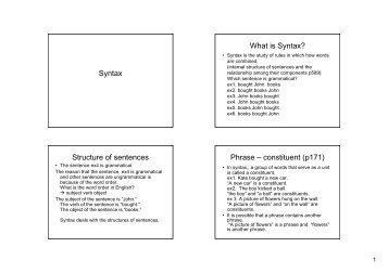 Syntax What is Syntax? Structure of sentences Phrase – constituent ...