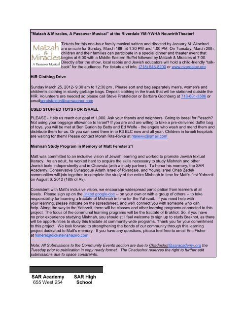 March 16, 2012 22 Adar 5772 Click here for a pdf ... - SAR Academy