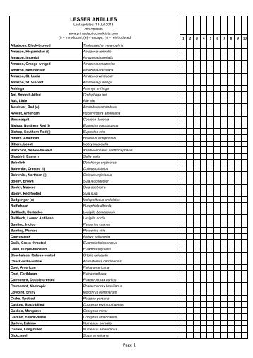 Lesser Antilles - Printable Bird Checklists